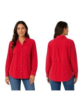 White Stag Size Medium Womens Red Long Sleeve Button-Up Shirt Medium Polyester